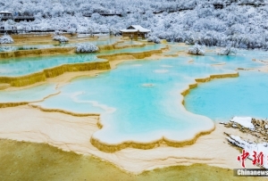 四川黄龙迎来今秋第一场雪 斑斓山林披上“白纱”