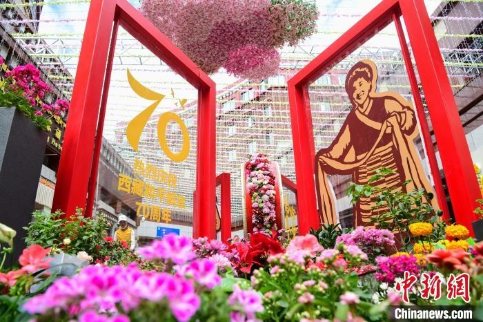 圖為西藏和平解放70周年主題花卉立體景觀造型群。　貢嘎來松 攝