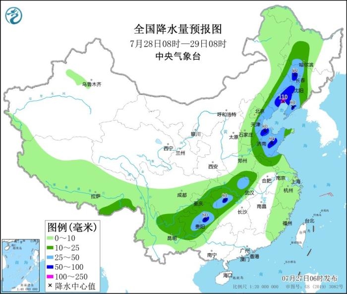 圖3 全國降水量預報圖(7月28日08時-29日08時)