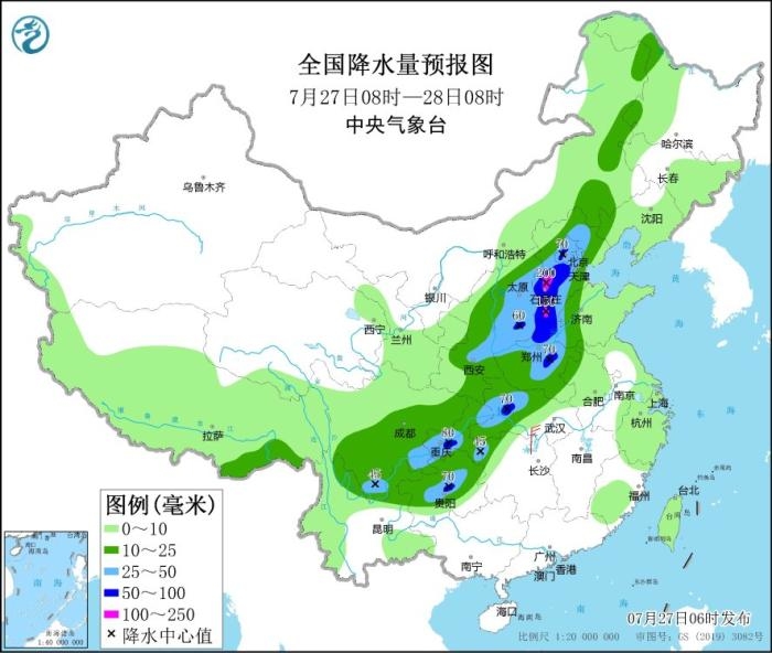 　圖2 全國降水量預報圖(7月27日08時-28日08時)