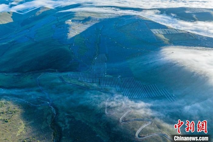 云霧下的柯拉一期光伏電站場一角。　劉忠俊 攝