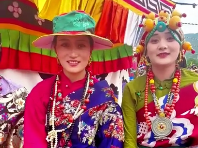Pretty Tibetan girls display their featured ethnic costume during the  opening ceremony of The Third Sanjiangyuan Eco-cultural Tourism Festival and 2024 Yushu Horse Racing Festival