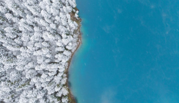 Aerial view of Jiuzhaigou scenic spot after snow